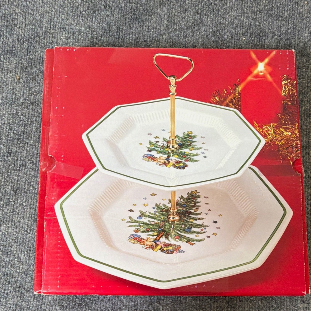 Nikko Christmastime Two-Tier Porcelain Octagonal Tray Christmas Tree Japan Boxed